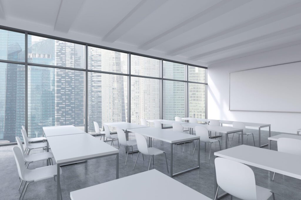Empty modern classroom with city view.