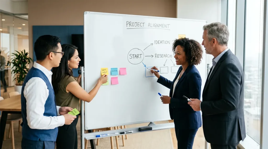 Team of business consultants planning an S&OP process at a whiteboard.